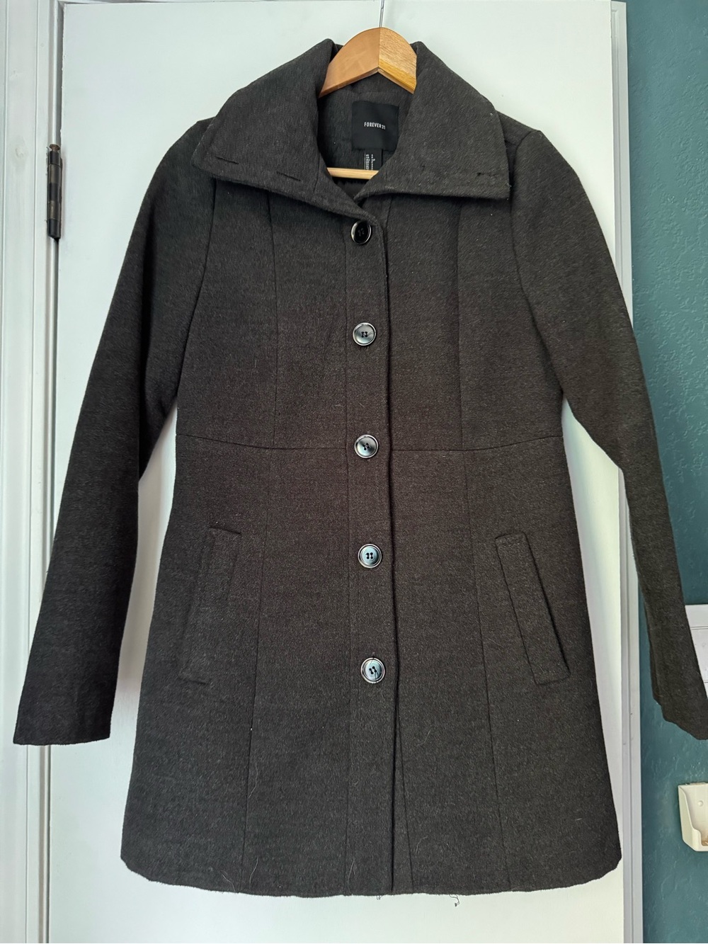 Forever 21 Women's Charcoal Gray Button-Front Pea Coat